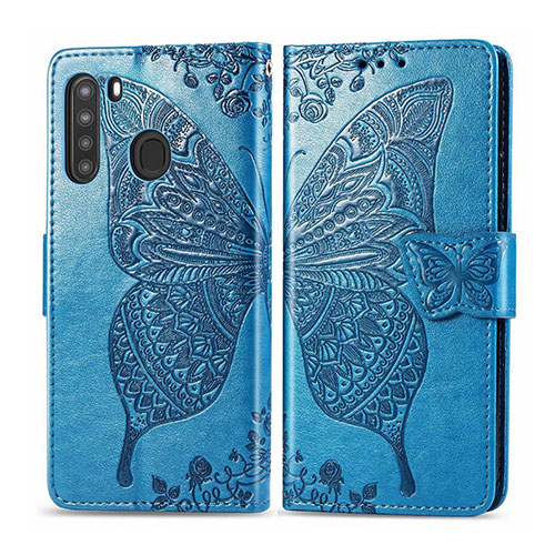 Leather Case Stands Flip Cover L01 Holder for Samsung Galaxy A21 Sky Blue