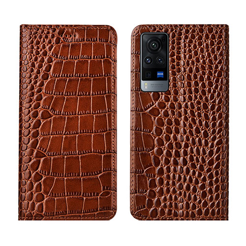 Leather Case Stands Flip Cover L01 Holder for Vivo X60 5G Light Brown