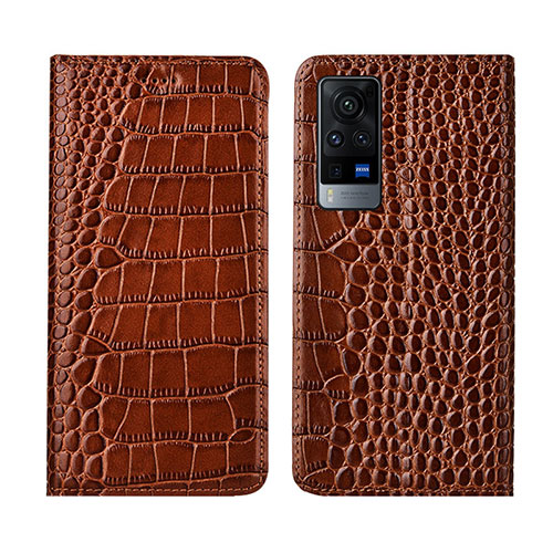 Leather Case Stands Flip Cover L01 Holder for Vivo X60 Pro 5G Light Brown
