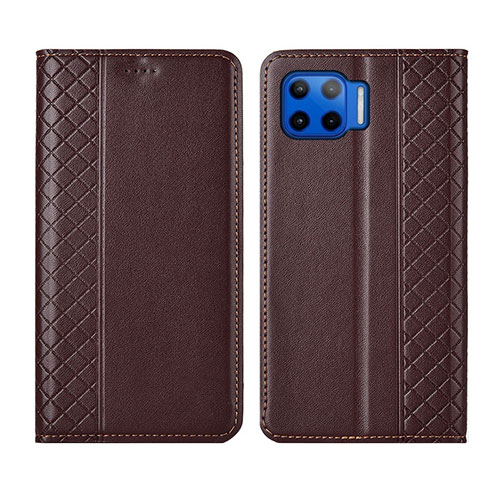 Leather Case Stands Flip Cover L02 Holder for Motorola Moto One 5G Brown