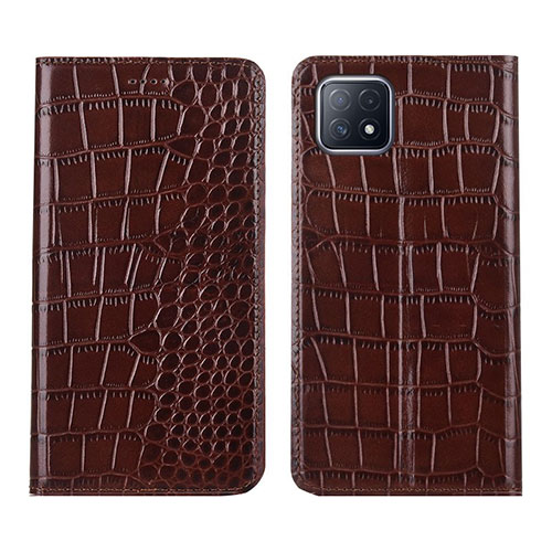 Leather Case Stands Flip Cover L02 Holder for Oppo A53 5G Brown