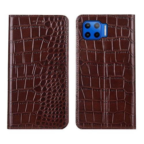 Leather Case Stands Flip Cover L05 Holder for Motorola Moto One 5G Brown