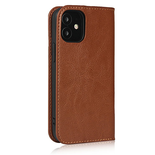 Leather Case Stands Flip Cover L08 Holder for Apple iPhone 12 Mini Light Brown