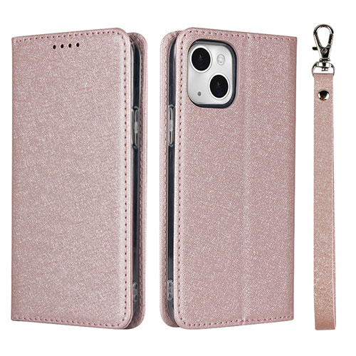 Leather Case Stands Flip Cover L08 Holder for Apple iPhone 14 Plus Rose Gold