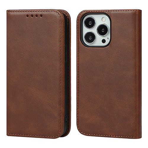 Leather Case Stands Flip Cover L14 Holder for Apple iPhone 14 Pro Brown