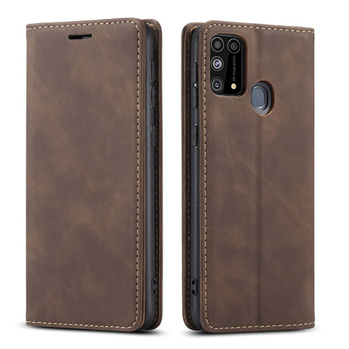 Leather Case Stands Flip Cover L15 Holder for Samsung Galaxy M21s Brown