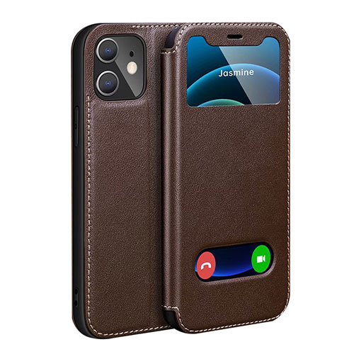 Leather Case Stands Flip Cover N01 Holder for Apple iPhone 12 Mini Brown