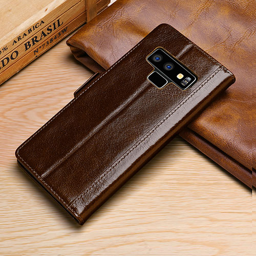 Leather Case Stands Flip Cover P01 Holder for Samsung Galaxy Note 9 Brown