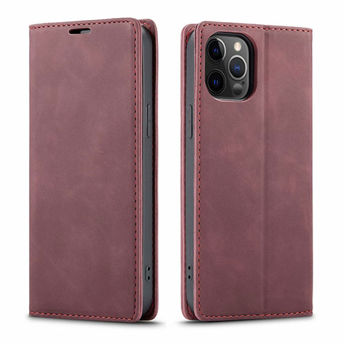 Leather Case Stands Flip Cover T01 Holder for Apple iPhone 12 Pro Max Red Wine