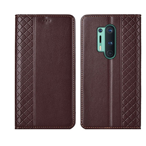 Leather Case Stands Flip Cover T02 Holder for OnePlus 8 Pro Brown