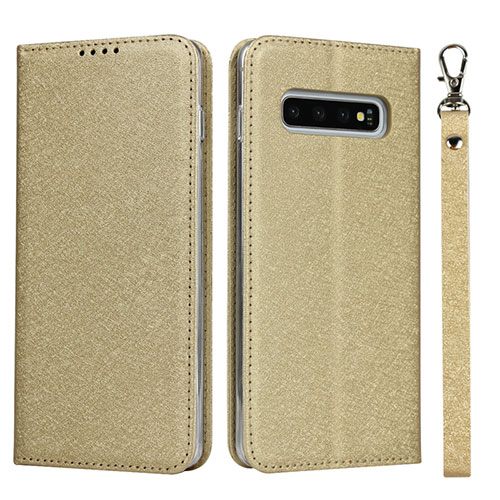 Leather Case Stands Flip Cover T03 Holder for Samsung Galaxy S10 5G Gold