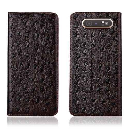 Leather Case Stands Flip Cover T04 Holder for Samsung Galaxy A80 Brown