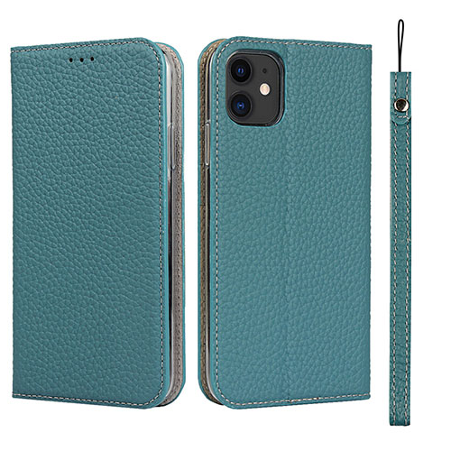Leather Case Stands Flip Cover T05 Holder for Apple iPhone 11 Cyan