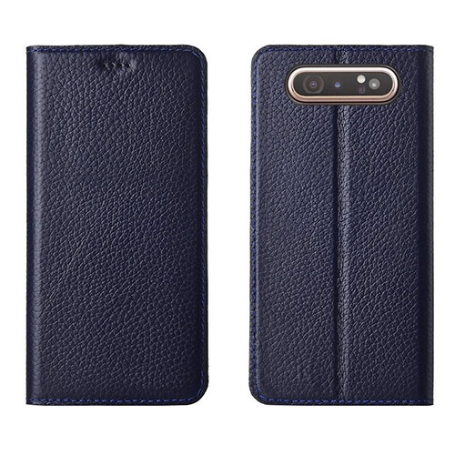 Leather Case Stands Flip Cover T05 Holder for Samsung Galaxy A80 Blue