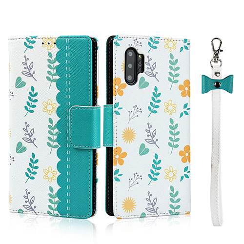 Leather Case Stands Flip Cover T05 Holder for Samsung Galaxy Note 10 Plus 5G Cyan