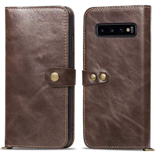 Leather Case Stands Flip Cover T05 Holder for Samsung Galaxy S10 Plus Brown
