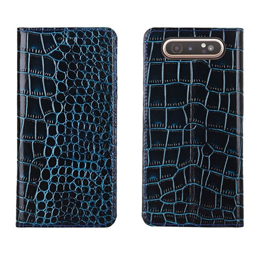 Leather Case Stands Flip Cover T06 Holder for Samsung Galaxy A80 Blue