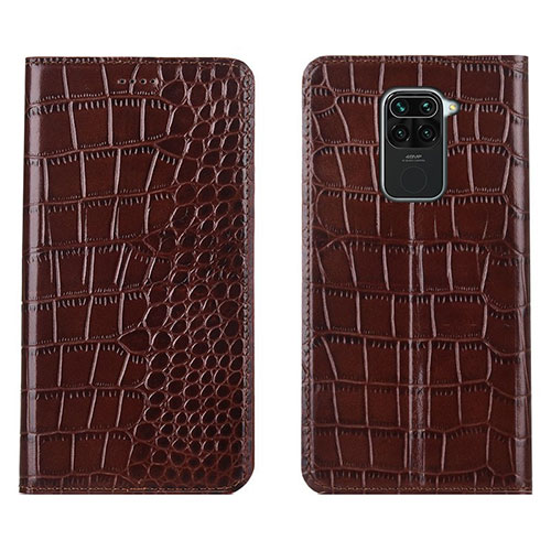 Leather Case Stands Flip Cover T06 Holder for Xiaomi Redmi Note 9 Brown