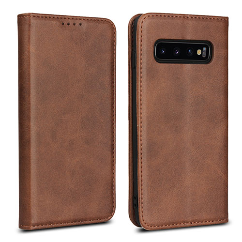 Leather Case Stands Flip Cover T07 Holder for Samsung Galaxy S10 Brown