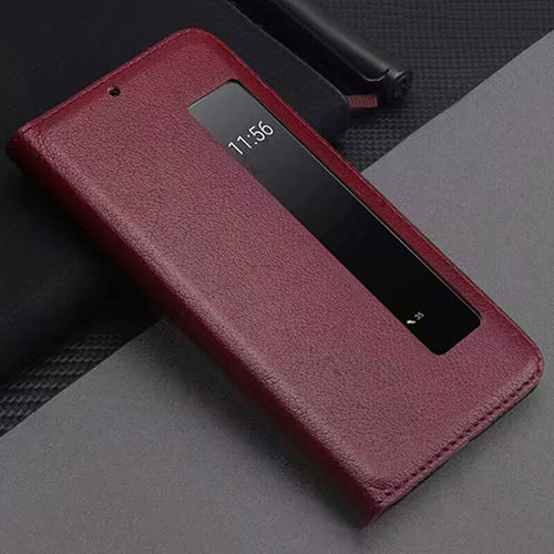 Leather Case Stands Flip Cover T12 Holder for Huawei P20 Pro Red Wine