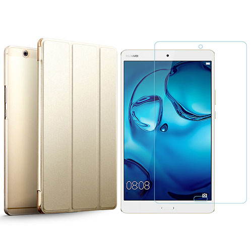 Leather Case Stands Flip Cover with Tempered Glass Screen Protector for Huawei MediaPad M3 Gold