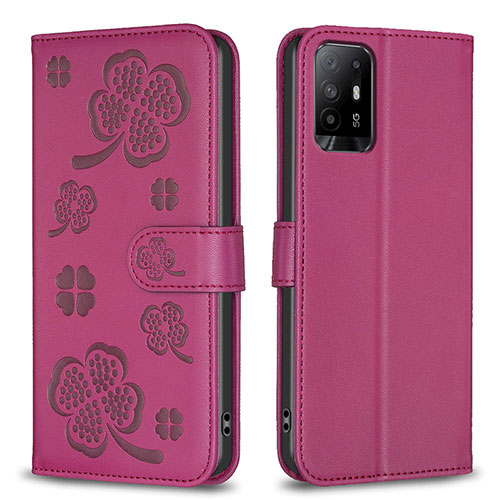 Leather Case Stands Flip Flowers Cover Holder BF1 for Oppo A94 5G Hot Pink