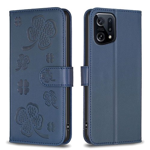 Leather Case Stands Flip Flowers Cover Holder BF1 for Oppo Find X5 5G Blue