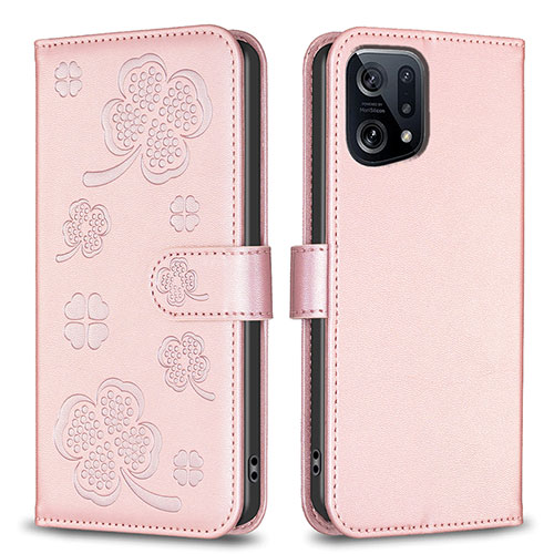 Leather Case Stands Flip Flowers Cover Holder BF1 for Oppo Find X5 5G Rose Gold