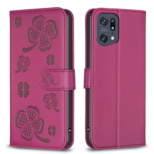 Leather Case Stands Flip Flowers Cover Holder BF1 for Oppo Find X5 Pro 5G Hot Pink