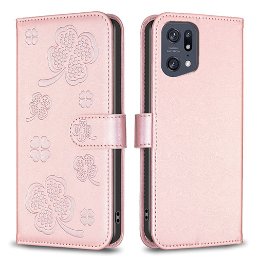 Leather Case Stands Flip Flowers Cover Holder BF1 for Oppo Find X5 Pro 5G Rose Gold