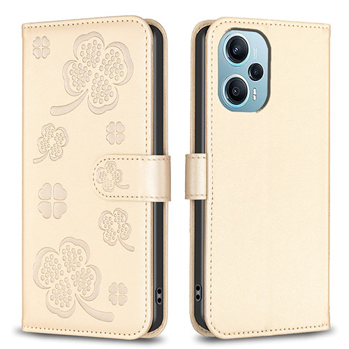 Leather Case Stands Flip Flowers Cover Holder BF1 for Xiaomi Poco F5 5G Gold