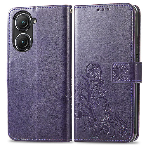 Leather Case Stands Flip Flowers Cover Holder for Asus Zenfone 9 Purple