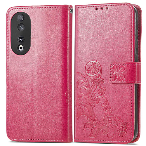 Leather Case Stands Flip Flowers Cover Holder for Huawei Honor 90 5G Hot Pink