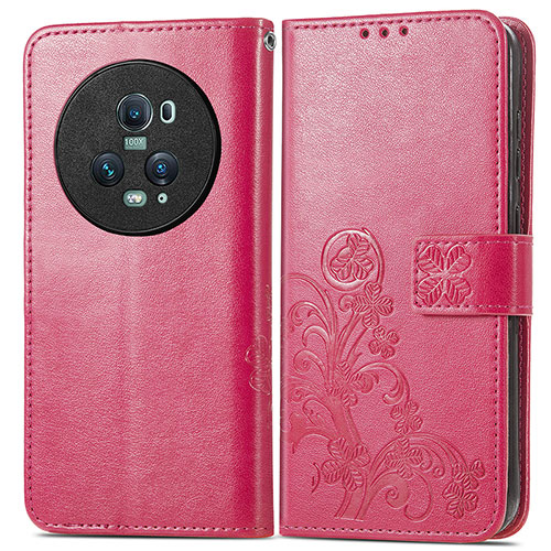 Leather Case Stands Flip Flowers Cover Holder for Huawei Honor Magic5 Pro 5G Hot Pink