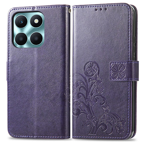 Leather Case Stands Flip Flowers Cover Holder for Huawei Honor X6a Purple