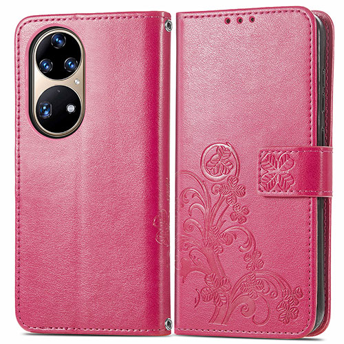 Leather Case Stands Flip Flowers Cover Holder for Huawei P50 Pro Red