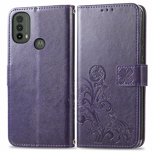 Leather Case Stands Flip Flowers Cover Holder for Motorola Moto E30 Purple