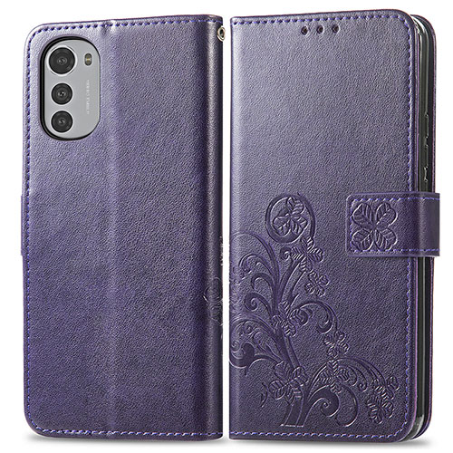Leather Case Stands Flip Flowers Cover Holder for Motorola Moto E32s Purple