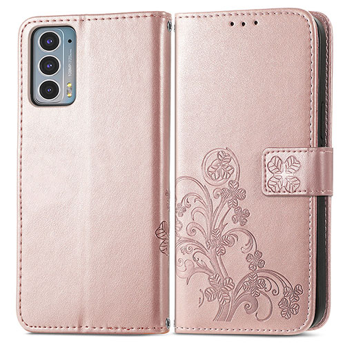 Leather Case Stands Flip Flowers Cover Holder for Motorola Moto Edge 20 5G Pink