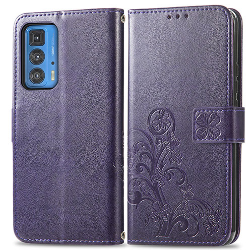 Leather Case Stands Flip Flowers Cover Holder for Motorola Moto Edge 20 Pro 5G Purple