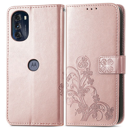 Leather Case Stands Flip Flowers Cover Holder for Motorola Moto G 5G (2022) Pink