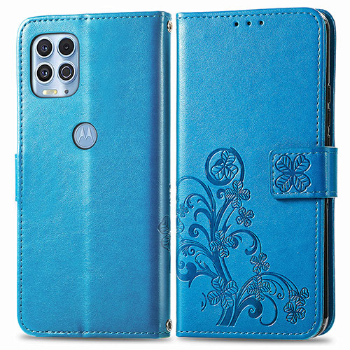 Leather Case Stands Flip Flowers Cover Holder for Motorola Moto G100 5G Blue