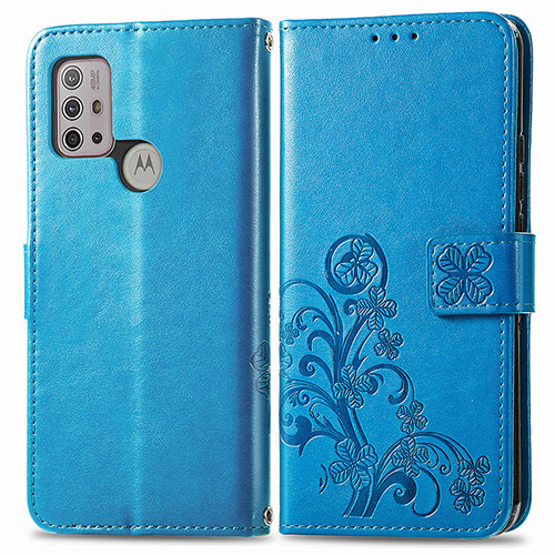 Leather Case Stands Flip Flowers Cover Holder for Motorola Moto G20 Blue