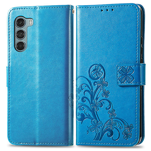 Leather Case Stands Flip Flowers Cover Holder for Motorola Moto G200 5G Blue