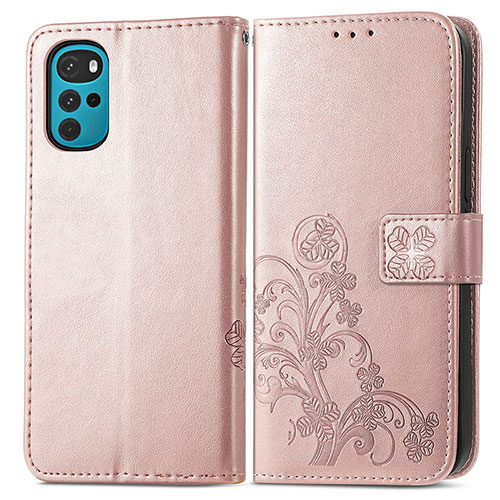 Leather Case Stands Flip Flowers Cover Holder for Motorola Moto G22 Pink