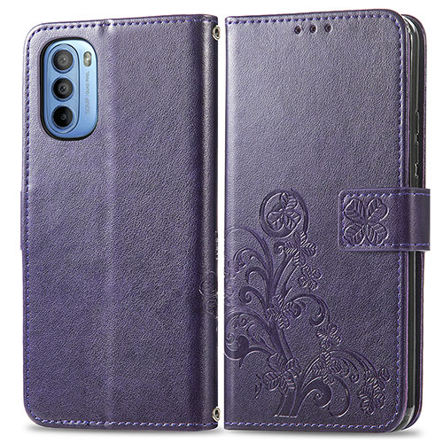 Leather Case Stands Flip Flowers Cover Holder for Motorola Moto G31 Purple