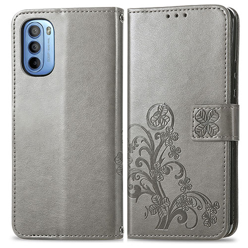 Leather Case Stands Flip Flowers Cover Holder for Motorola Moto G41 Gray
