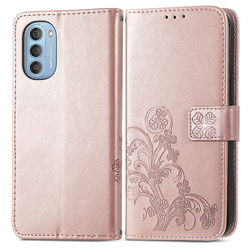Leather Case Stands Flip Flowers Cover Holder for Motorola Moto G51 5G Pink