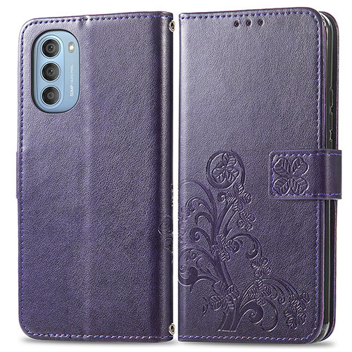 Leather Case Stands Flip Flowers Cover Holder for Motorola Moto G51 5G Purple