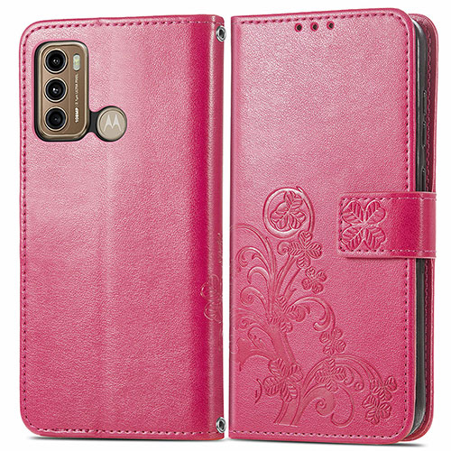 Leather Case Stands Flip Flowers Cover Holder for Motorola Moto G60 Red